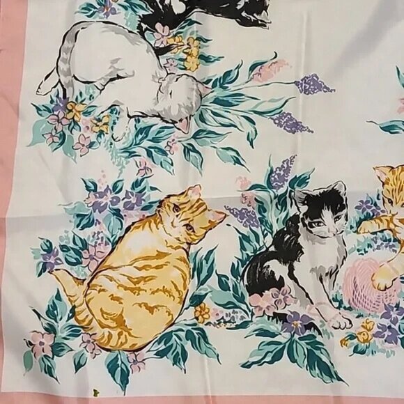 Vintage AVON Floral Cat Print Scarf Pink Border Kittens Playful Animal Pet - Picture 2 of 6